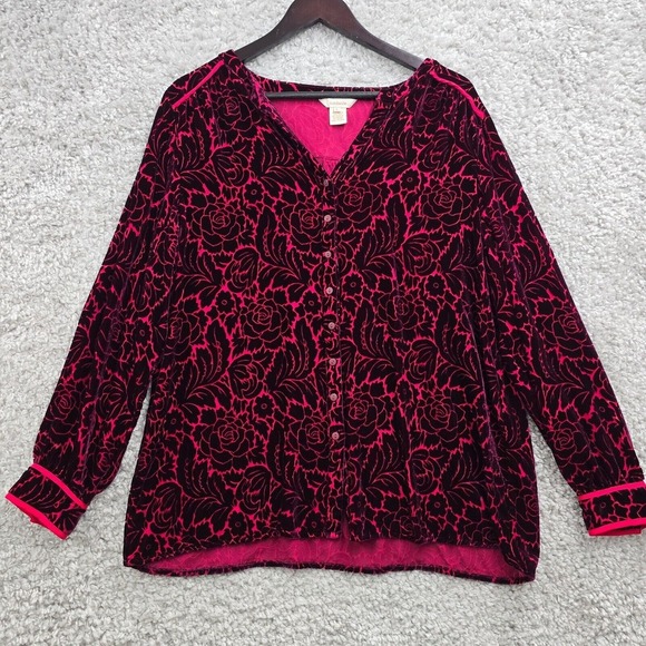 Sundance Blouse Womens Large Burgundy Floral Velvet Silk Blend Button Up Boho - Picture 1 of 11